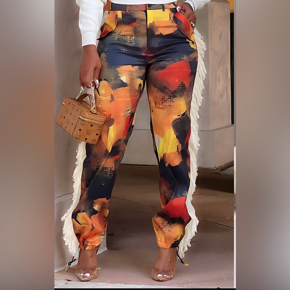 NWT! Orange/Blue Fringe Pants